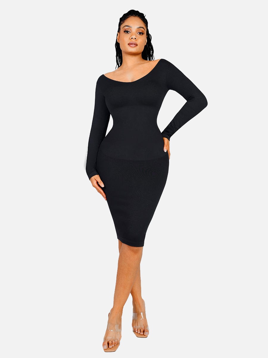 Long Sleeve V Neck Bodycon Waist Cinching Shaper Midi Dress, Black / M/L Long Sleeve V Neck Bodycon Waist Cinching Shaper Midi Dress, Black / M/L