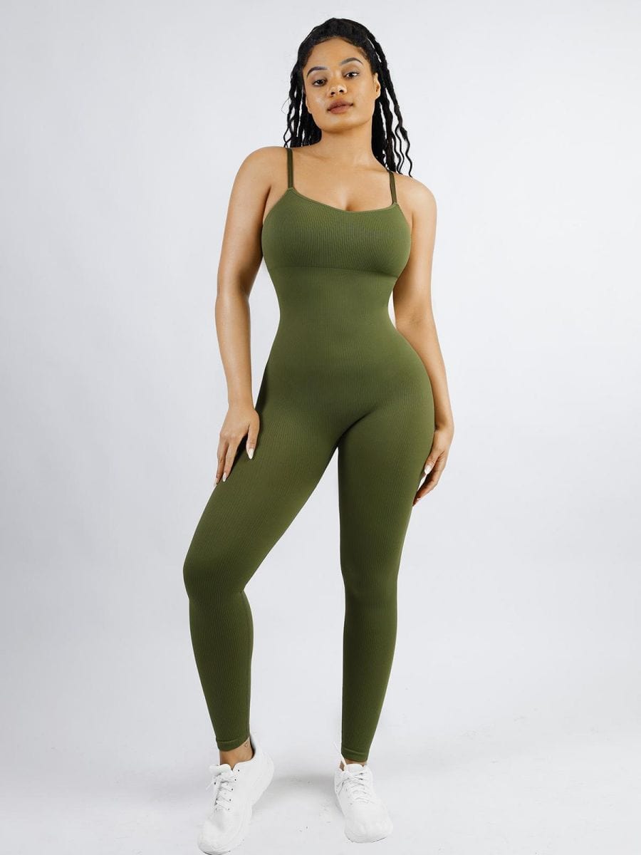 Waistdear Wholesale High Stretchy Seamless Sling Tummy Control Jumpsuit Light Green M L